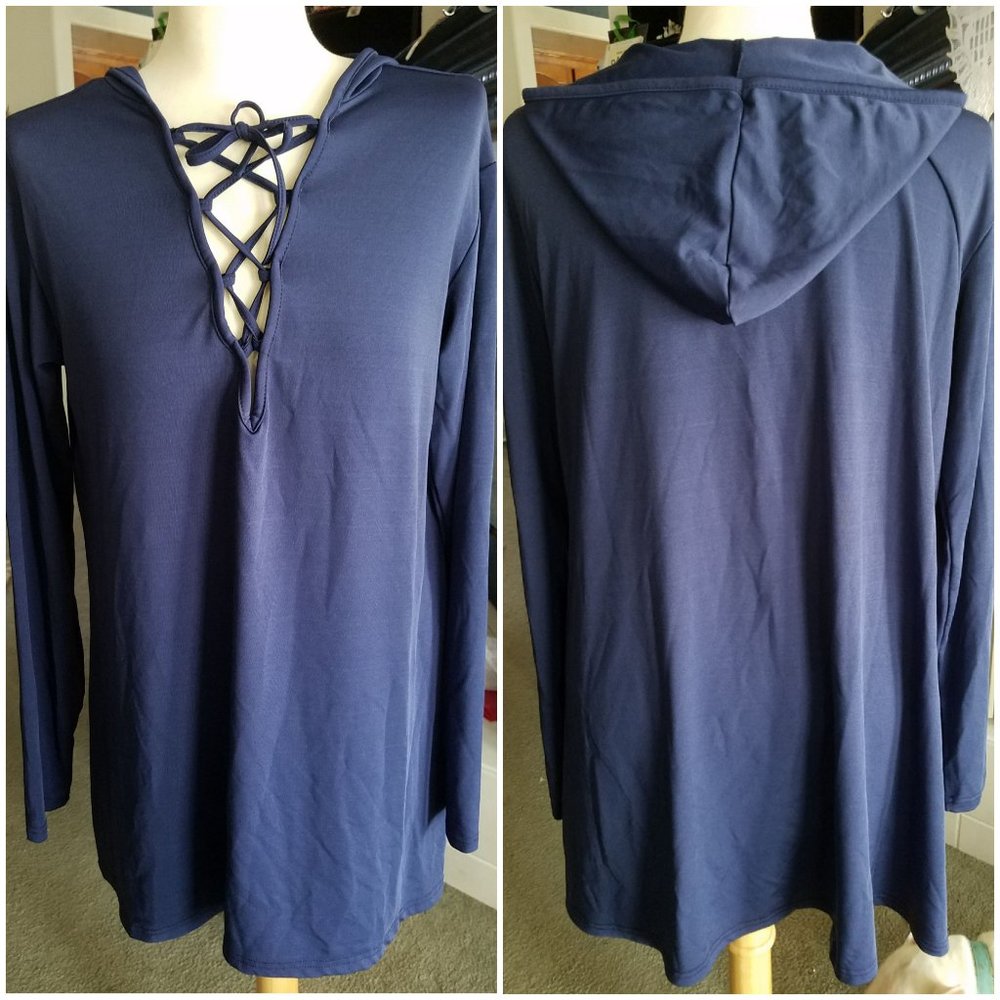 Man Xi Shang XL Navy lace-up Hoody Tunic